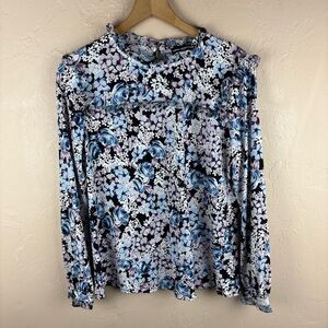 Karl Lagerfeld Blue Purple Floral Blouse Ruffles Women’s size Small